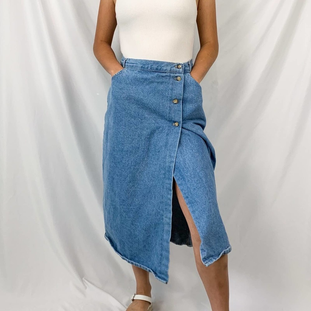 Vivaldi Jeanswear Vintage 90's Denim Wrap Side Slit Midi Skirt Size 12 - Picture 3 of 13